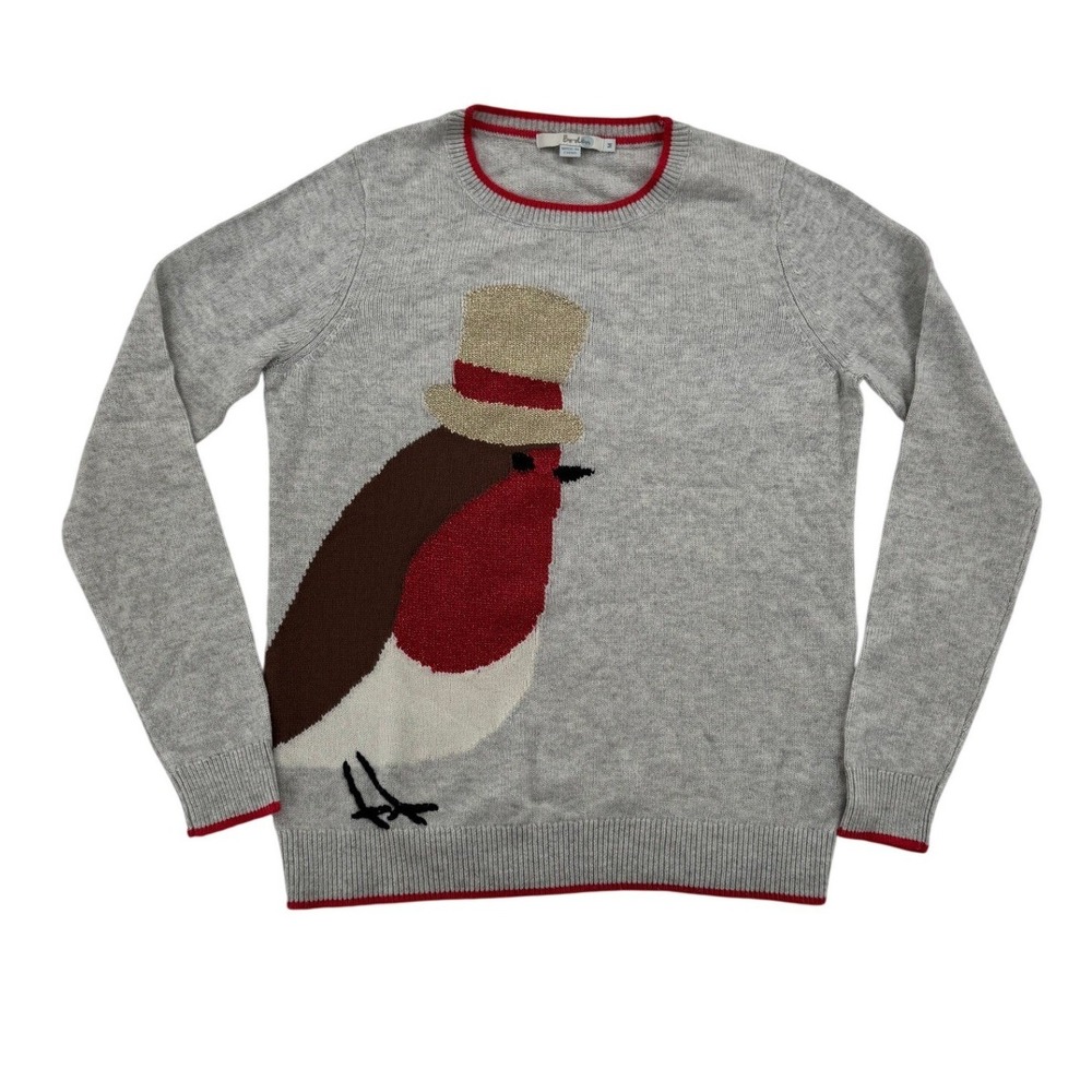 Boden Robin Intarsia Knit Sweater Womens Medium Gray Red Excellent Novelty Bird